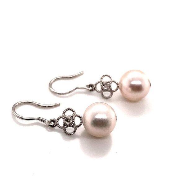 Diamond Akoya Pearl Earrings 14 KT White Gold 9.22 mm Certified $990 017530 - Picture 4 of 6